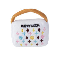 Haute Diggity Dog white Chewy Vuiton handbag toy for playful fetch and style