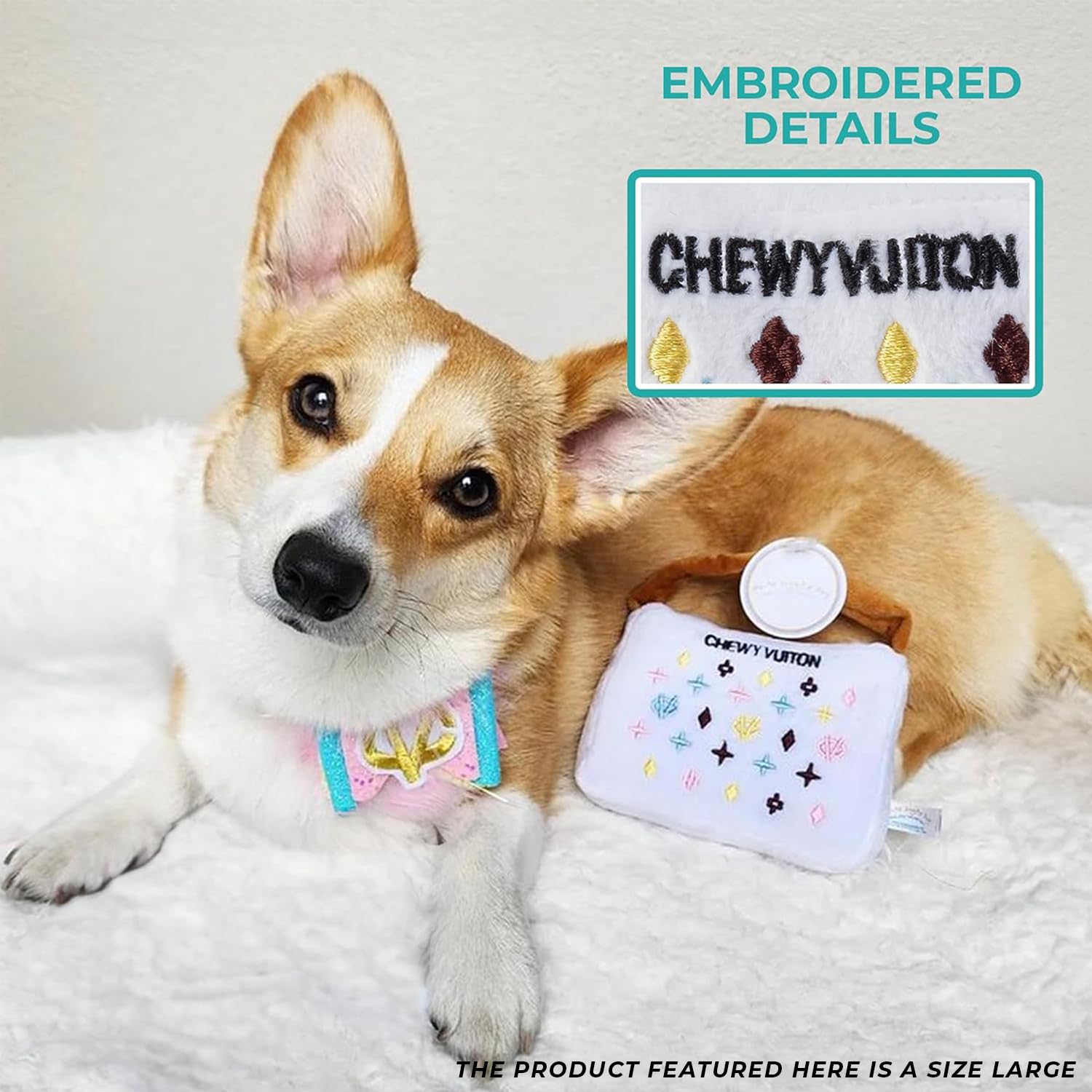 Haute Diggity Dog White Chewy Vuiton Handbag during tug-and-fetch session for active play.