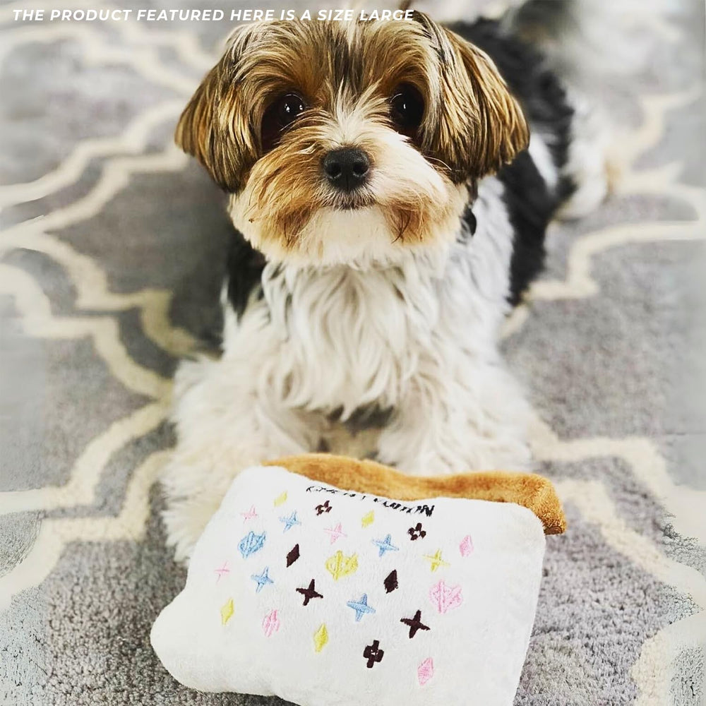 Haute Diggity Dog White Chewy Vuiton Handbag tug toy designed for gentle to vigorous play