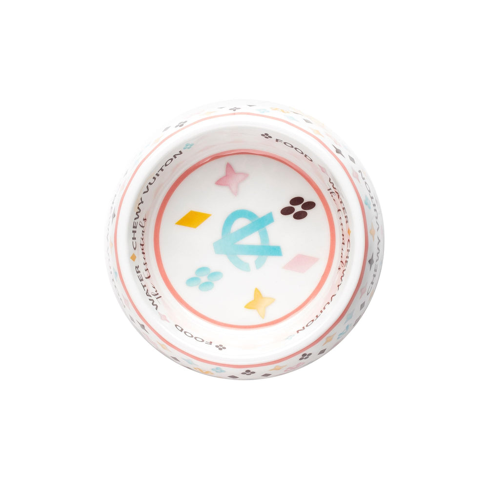 Haute Diggity Dog White Chewy Vuiton two bowls ready for daily use.