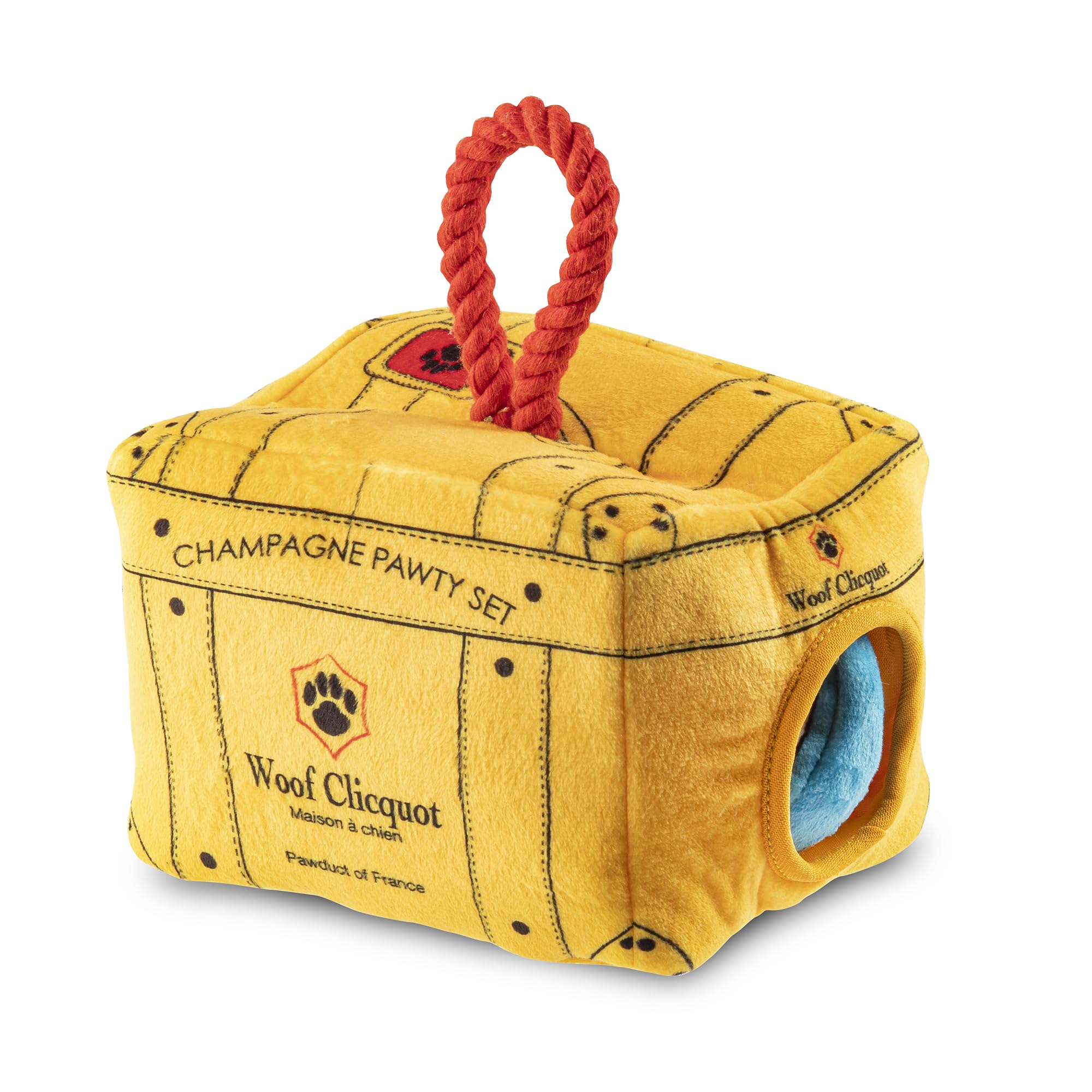 Haute Diggity Dog Woof Clicquot Pawty plushes close-up highlighting playful designs and embroidery.