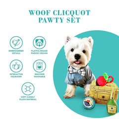 Haute Diggity Dog Woof Clicquot Pawty trunk opening revealing hidden toy critters for puzzle play.