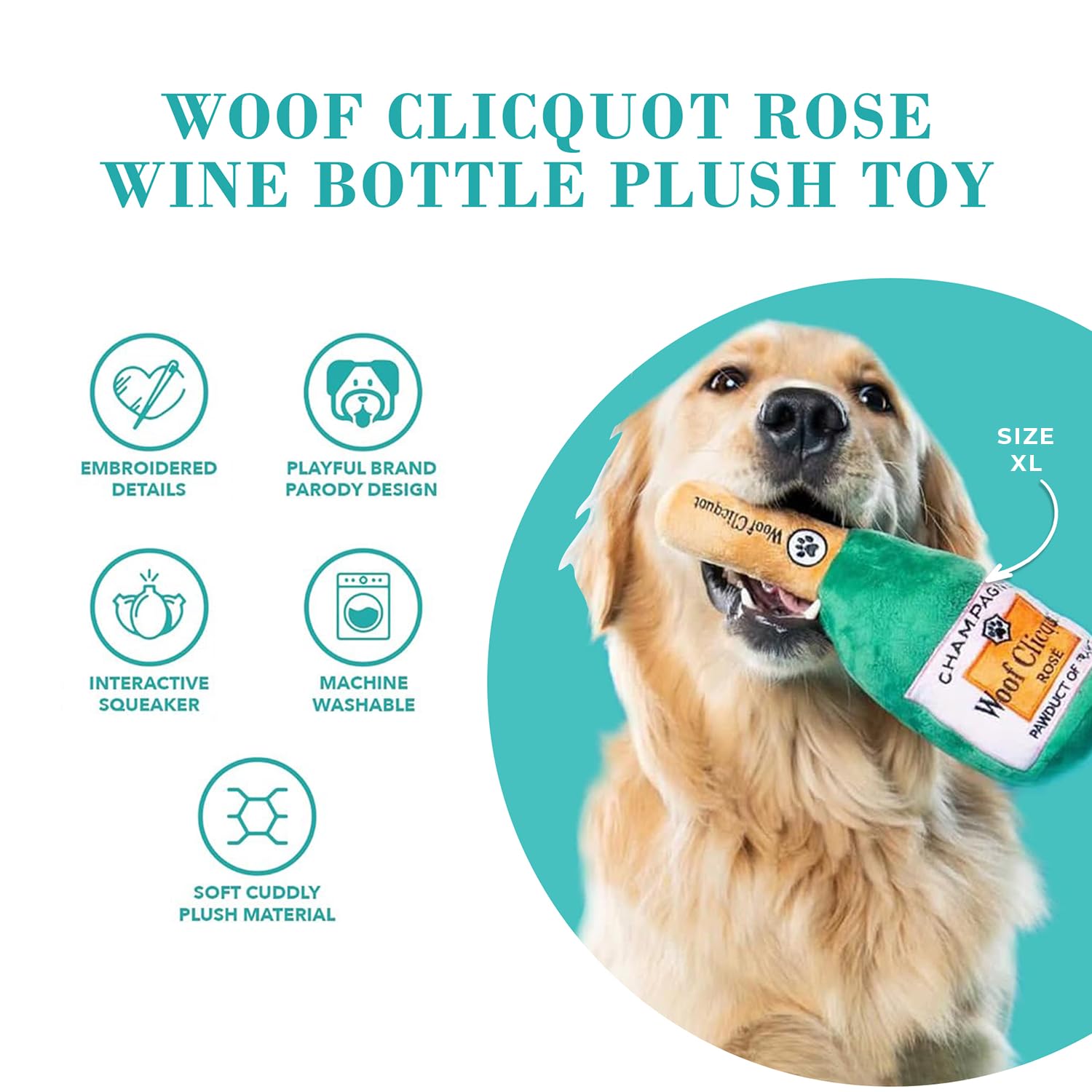 Closeup of Haute Diggity Dog Woof Clicquot Rose plush and squeaker for engaged play.