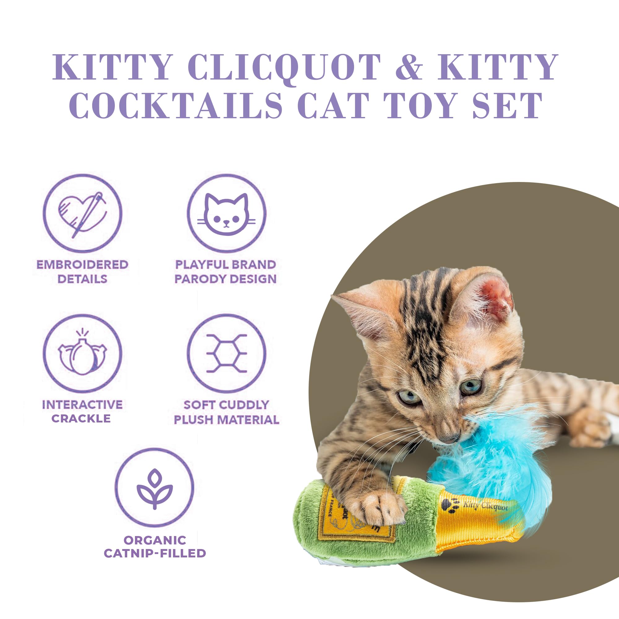 Haute Diggity Kitty Apawrol Spritz plush with feathers promotes interactive play.