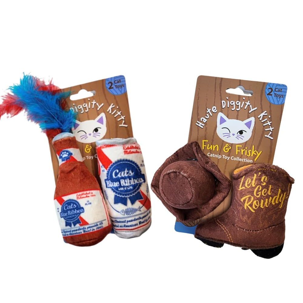 Haute Diggity Kitty Cats Blue Ribbon beer-can plush for interactive play and comfort.