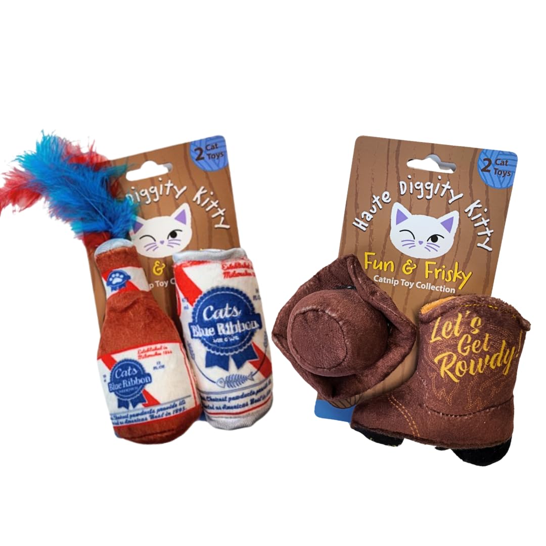 Haute Diggity Kitty Cats Blue Ribbon beer-can plush for interactive play and comfort.