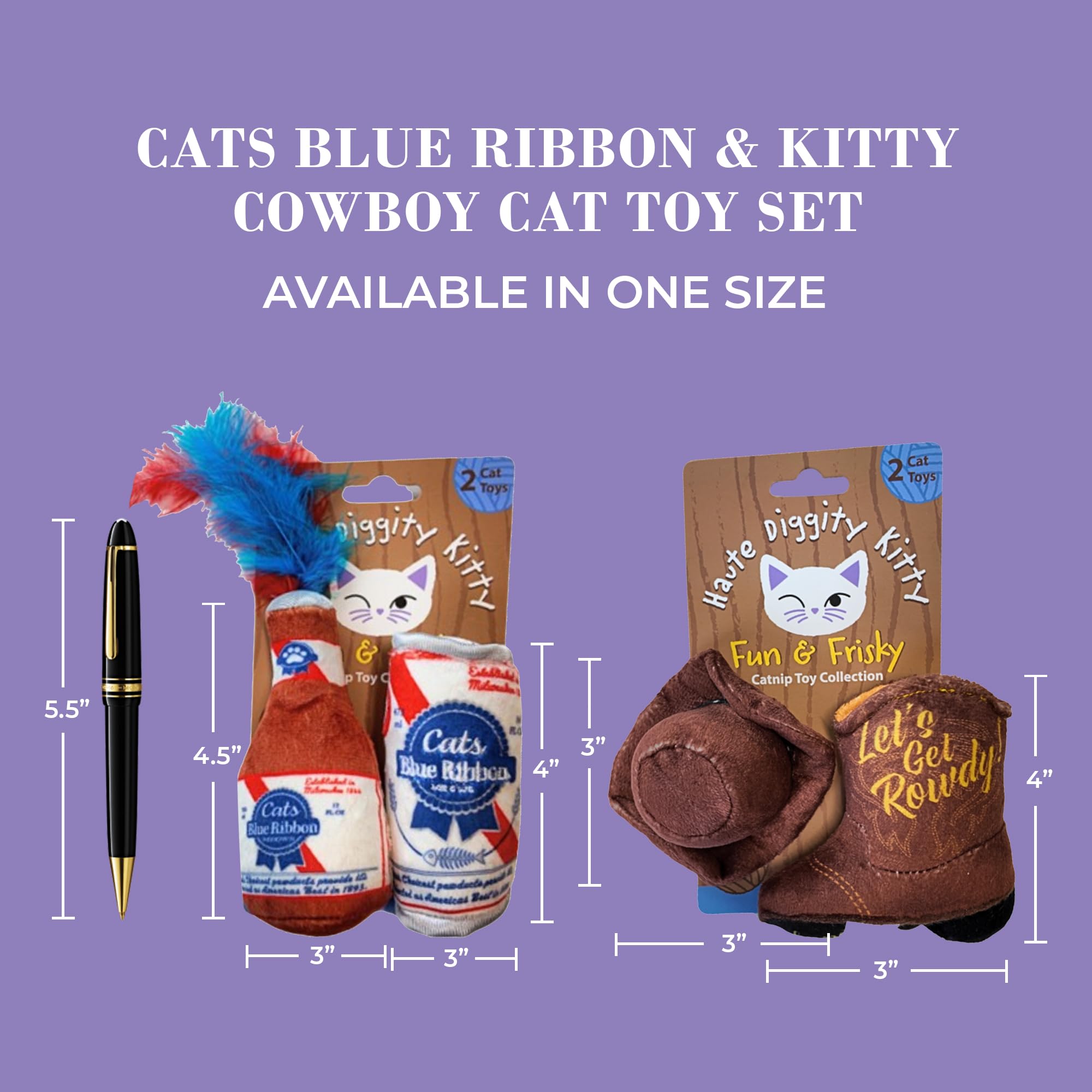 Haute Diggity Kitty Cats Blue Ribbon bottle with feathers toy for engaging play.