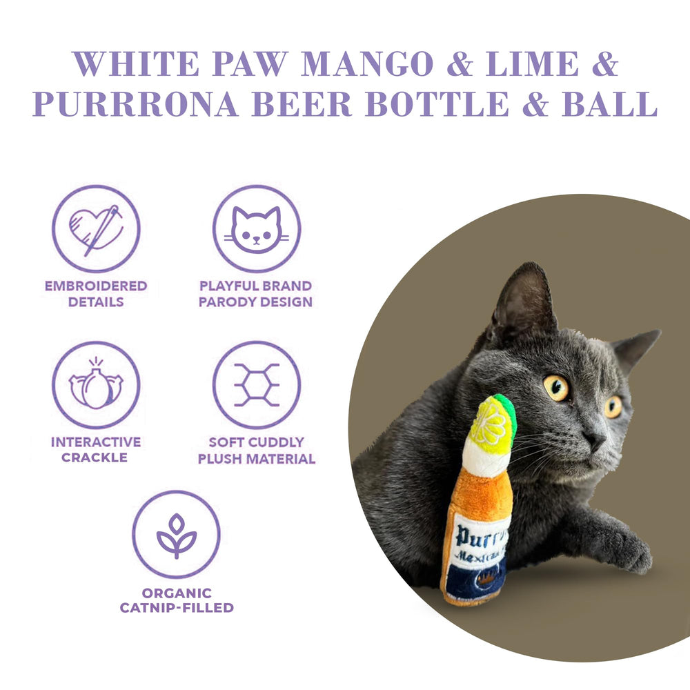 Haute Diggity Kitty Purrrona Beer Bottle plush toy promotes engaging batting play and exploration.