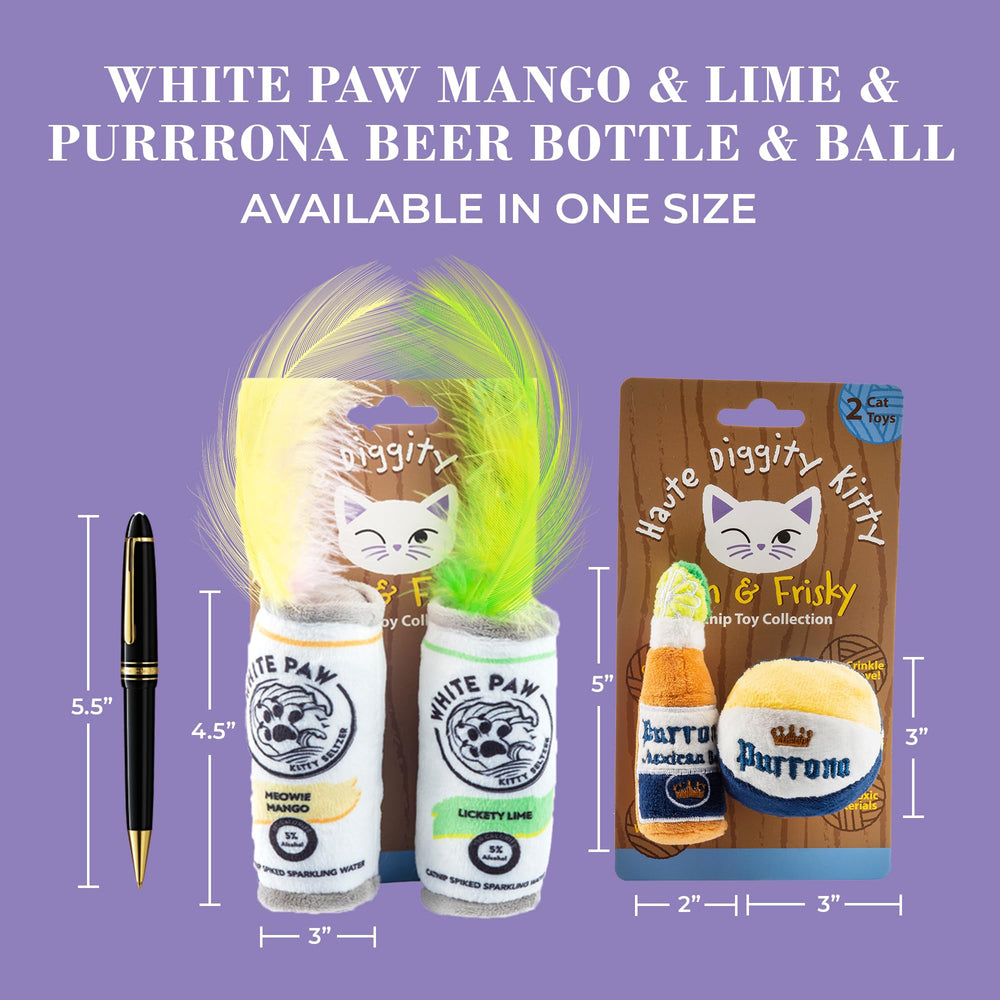 Haute Diggity Kitty White Paw Mango Lime can toy with feathers entices chase and pounce.