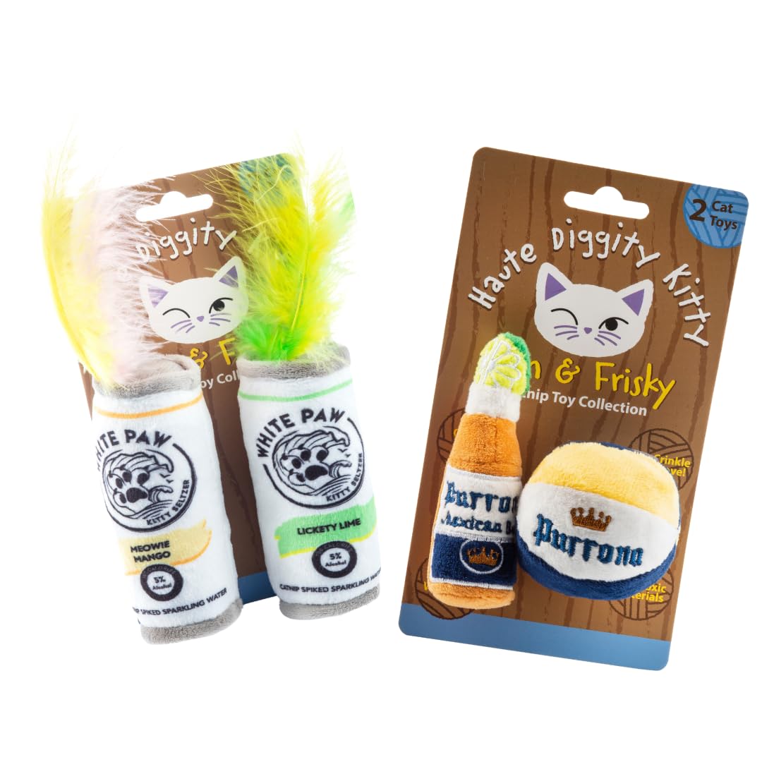 Haute Diggity Kitty White Paw Mango Lime can toy with feathers for interactive play.