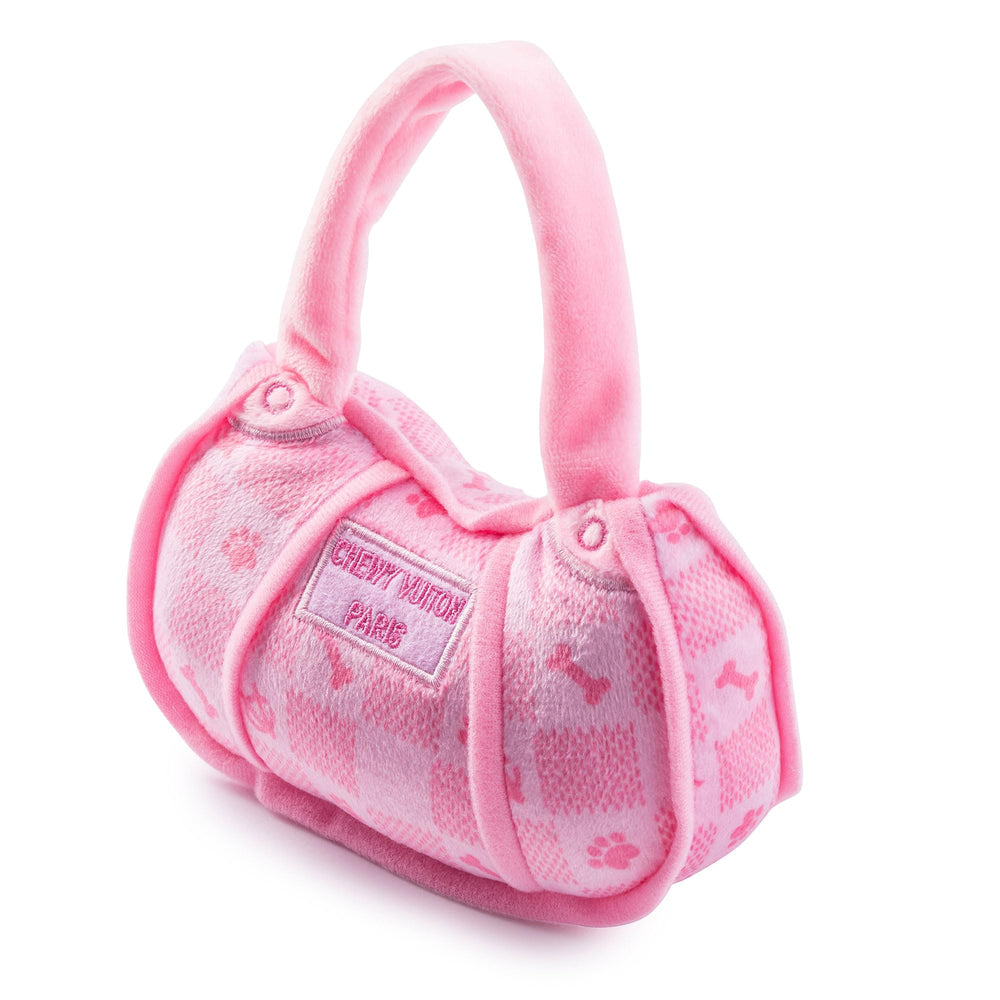 Haute Diggity Dog pink checker Chewy Vuiton handbag front view for playful sessions.