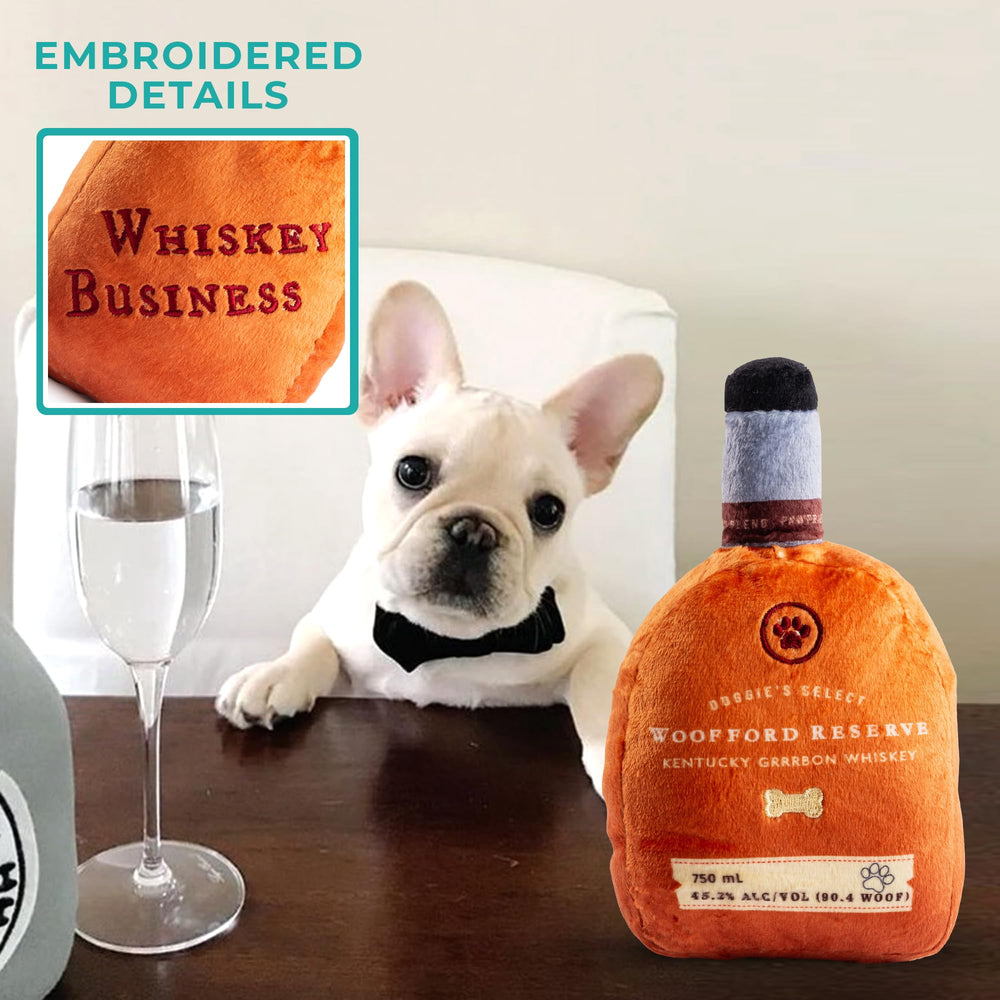 Woofford Reserve bourbon bottle toy with vibrant colors for quick outdoor visibility.