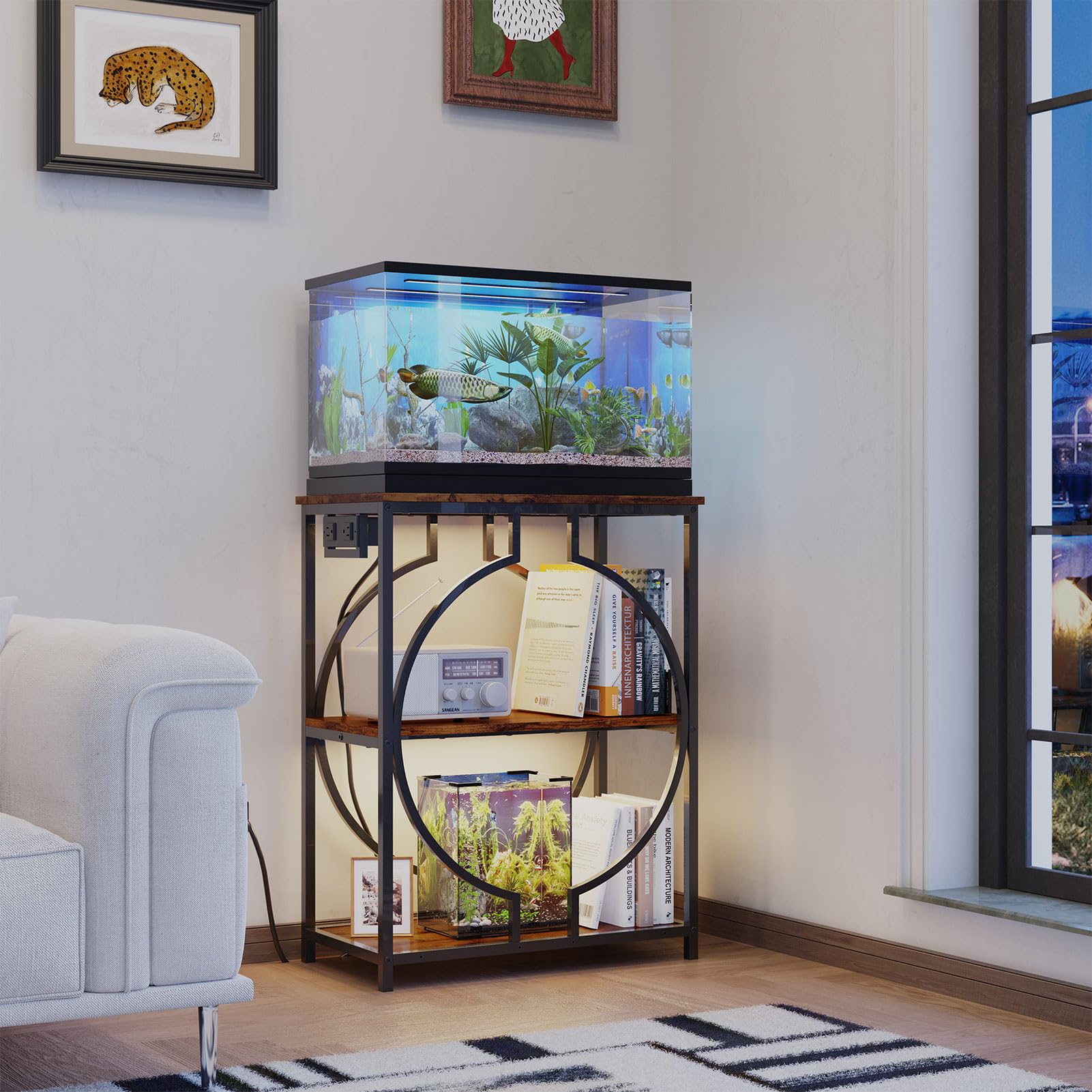 HavenlyYouth 3-tier aquarium stand with storage keeps accessories organized.