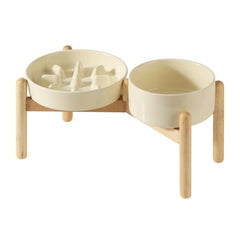 Havniva ceramic 1-2 cup slow feeder dish on raised stand promotes slower meals.