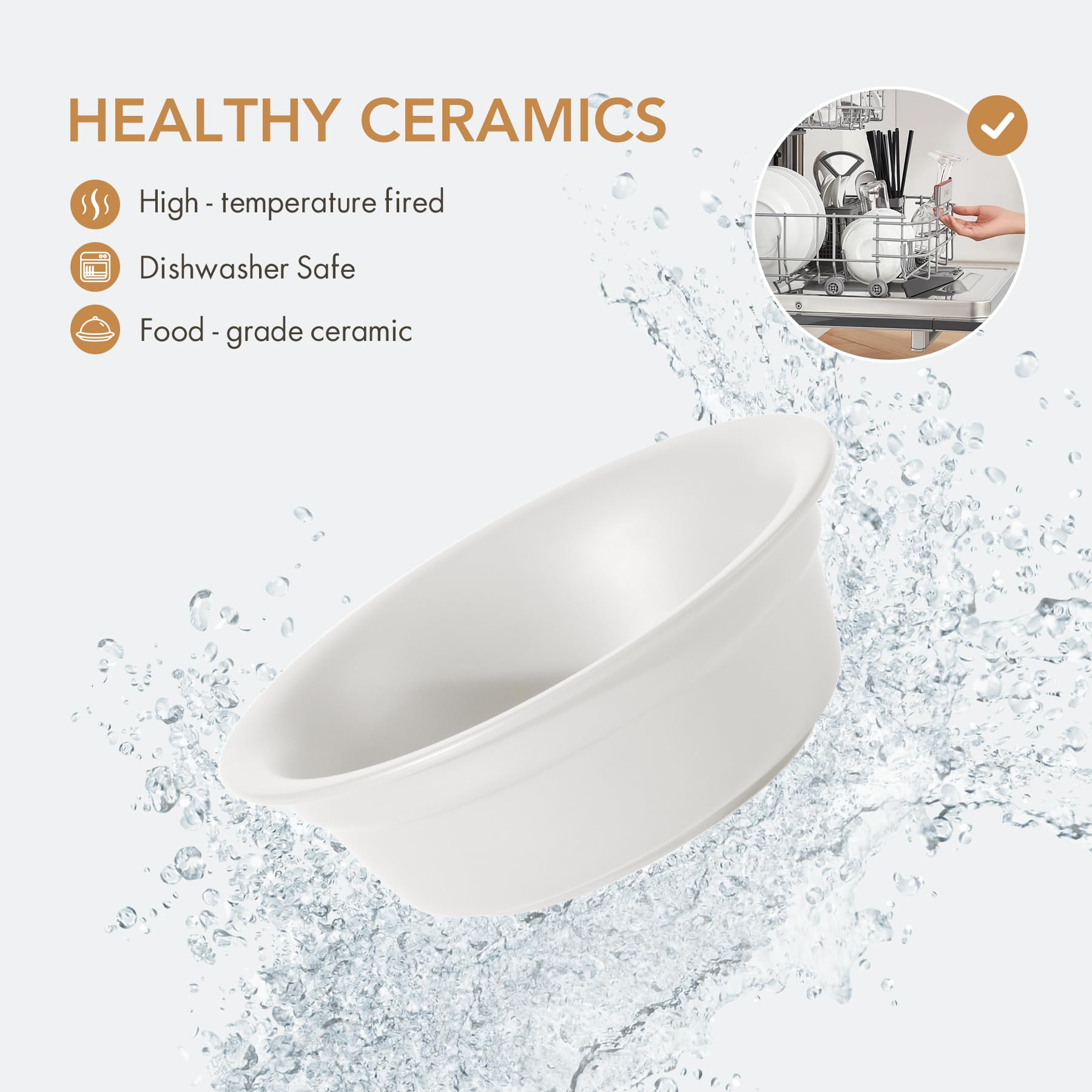 Havniva ceramic raised double-bowl close-up on acacia wood stand shows stylish stability.