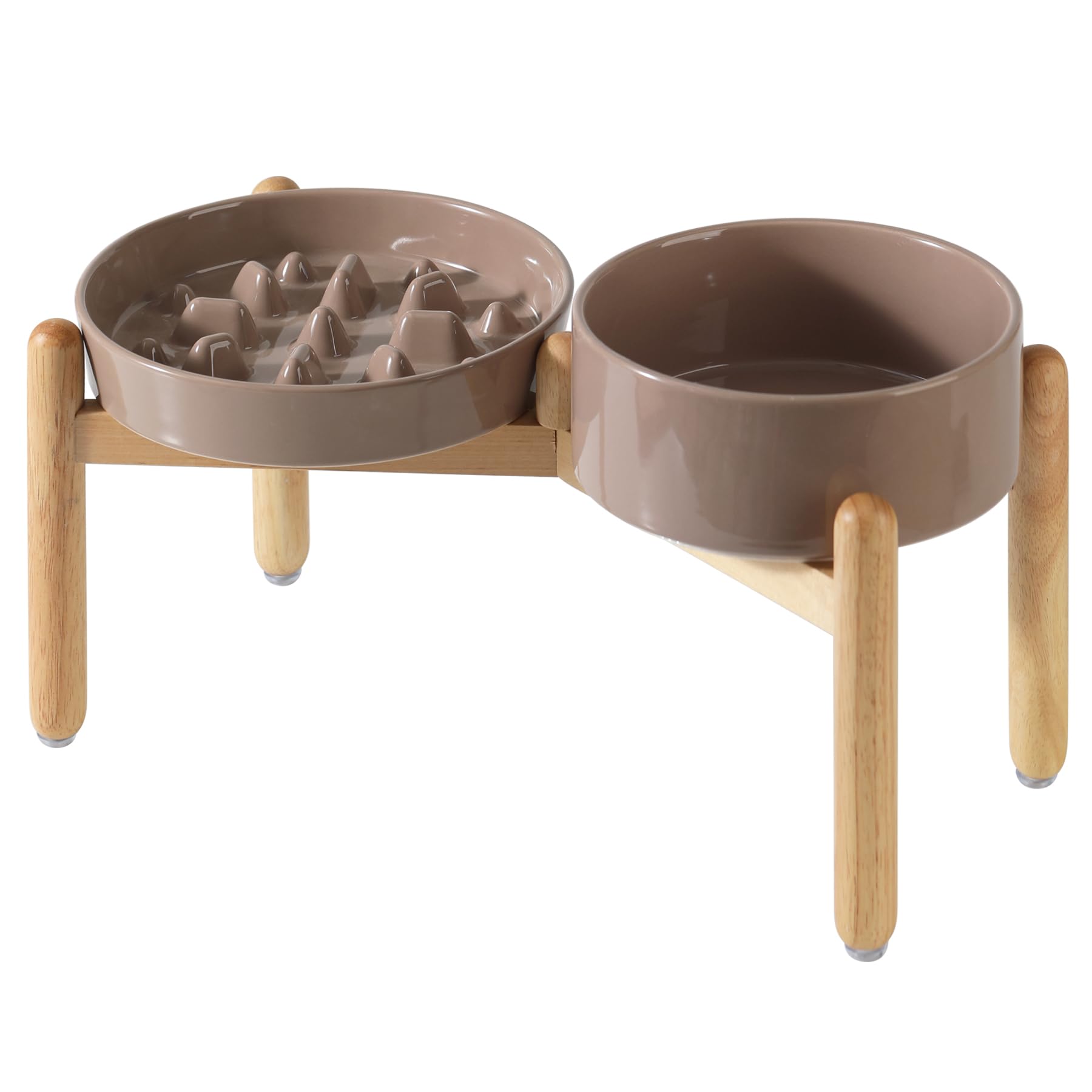 Havniva ceramic raised slow-feeder bowl on wooden stand promotes slower meals.