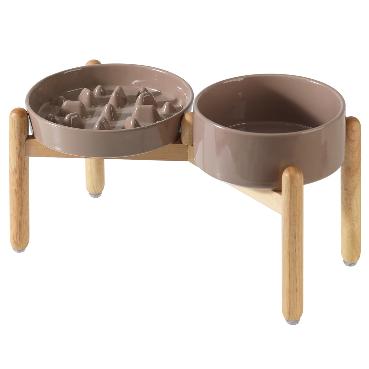 Havniva ceramic raised slow-feeder bowl on wooden stand promotes slower meals.