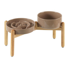 Havniva ceramic raised slow-feeder bowl on wooden stand supports comfortable eating posture.