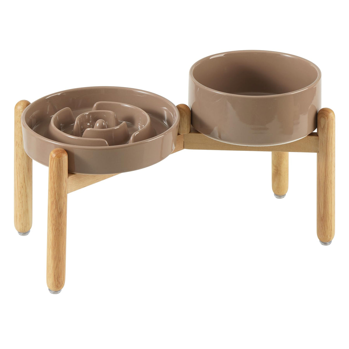 Havniva ceramic raised slow-feeder bowls with wooden stand for healthier feeding posture.