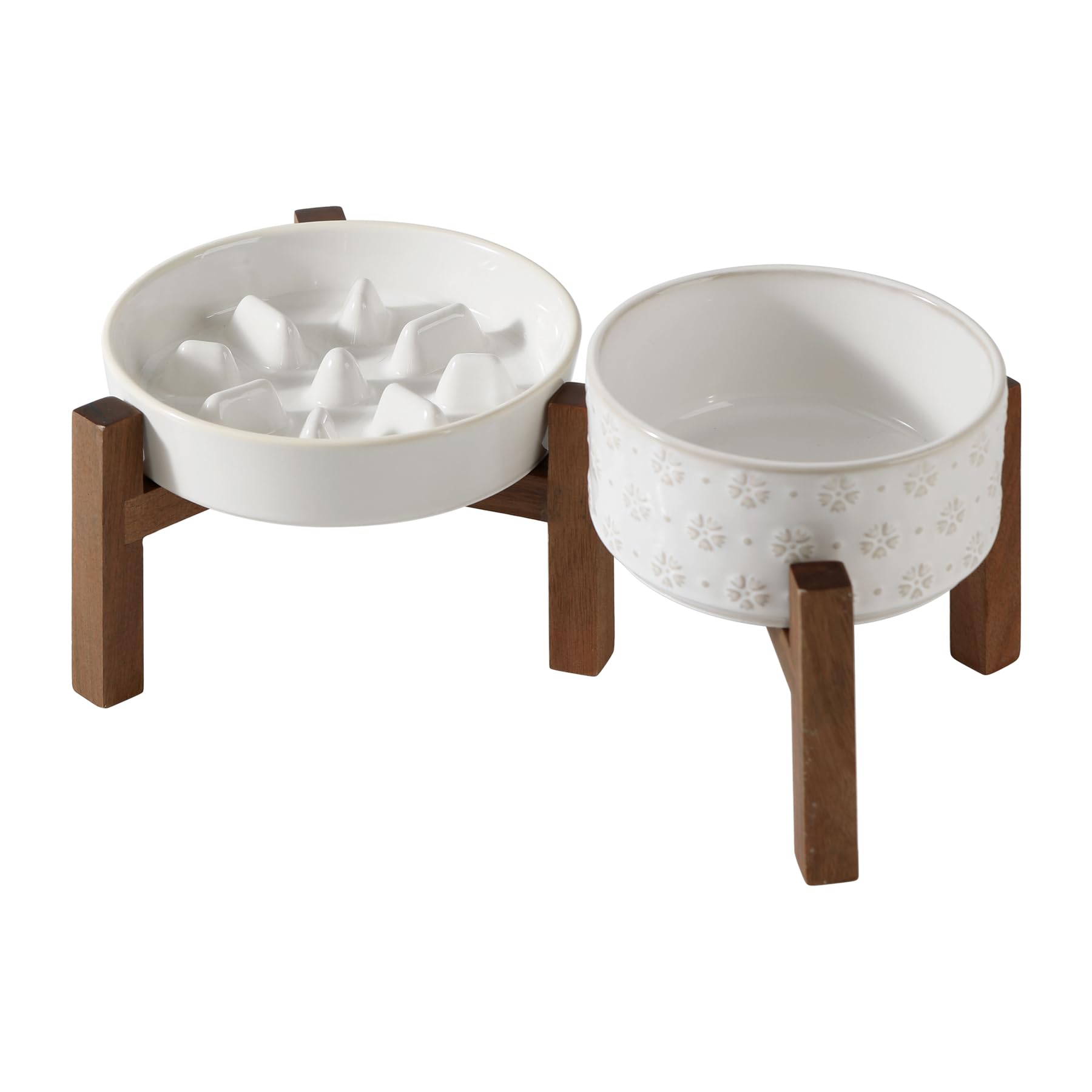 Havniva ceramic raised slow-feeder dish for elevated feeding and slowed eating pace.