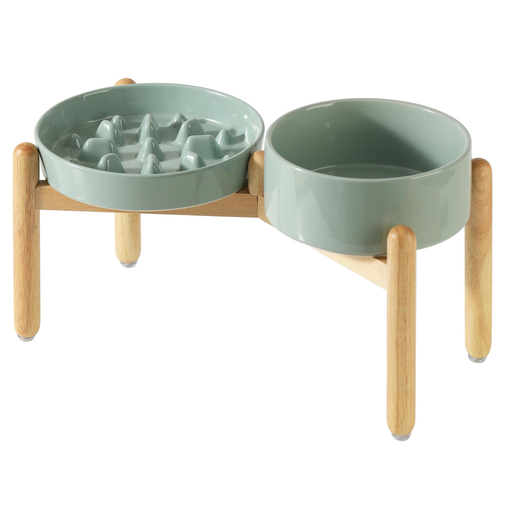 Havniva ceramic raised slow feeder dog bowl light-green with stand promotes comfortable feeding posture.