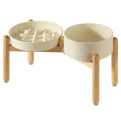 Havniva ceramic raised slow-feeder dog bowl set in beige promotes steady meals.