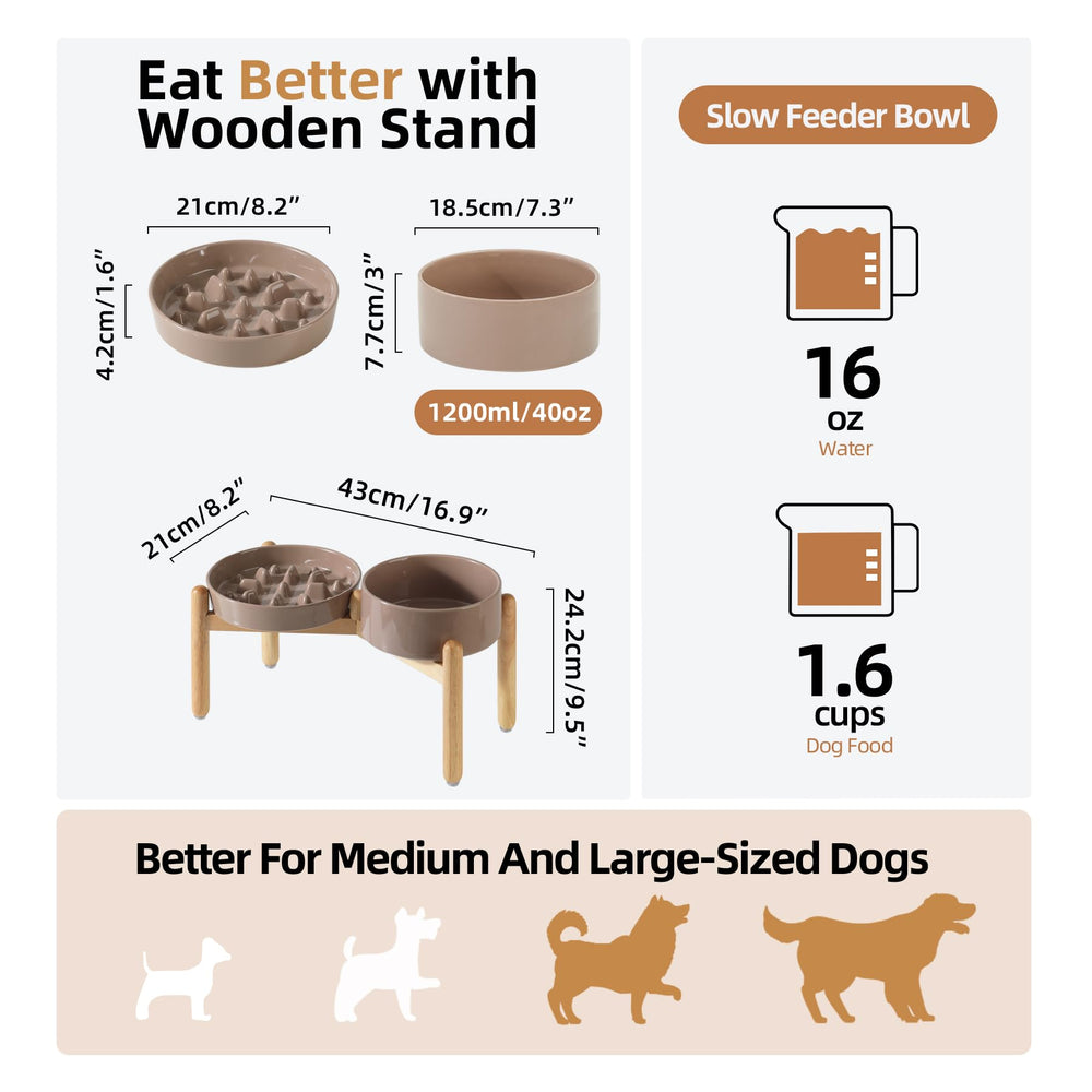 Havniva 8.2-inch slow dish with wooden stand encourages comfortable feeding posture.