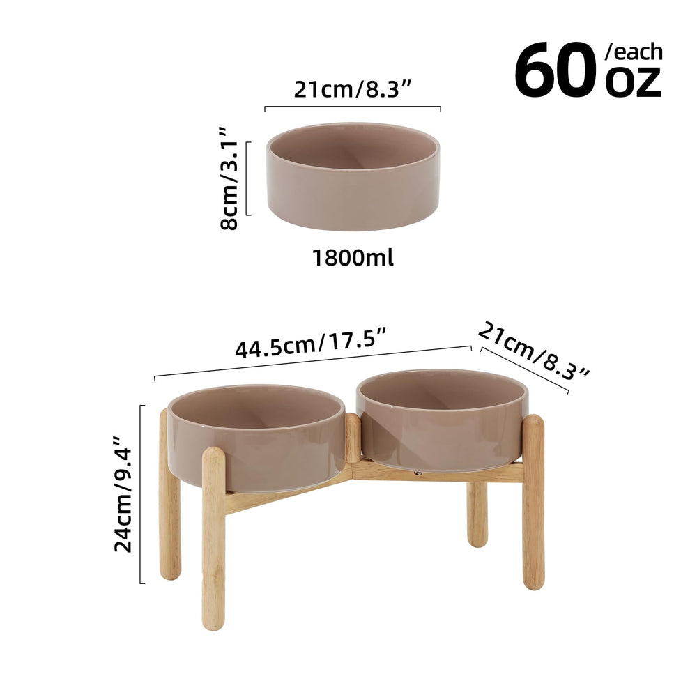 Havniva double-bowl feeder with wooden base for food and water