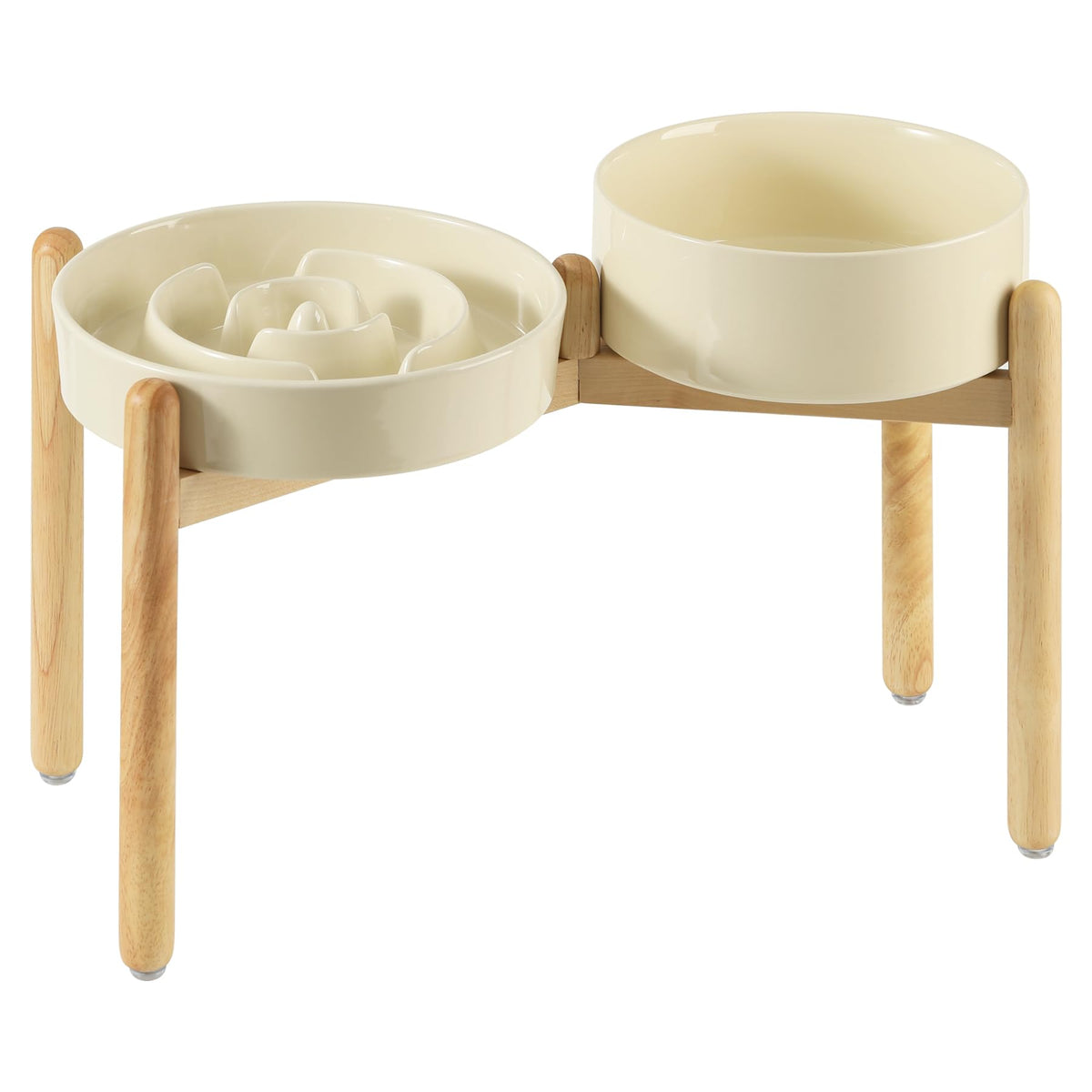 Havniva raised ceramic bowl on wooden stand promotes comfortable feeding posture.