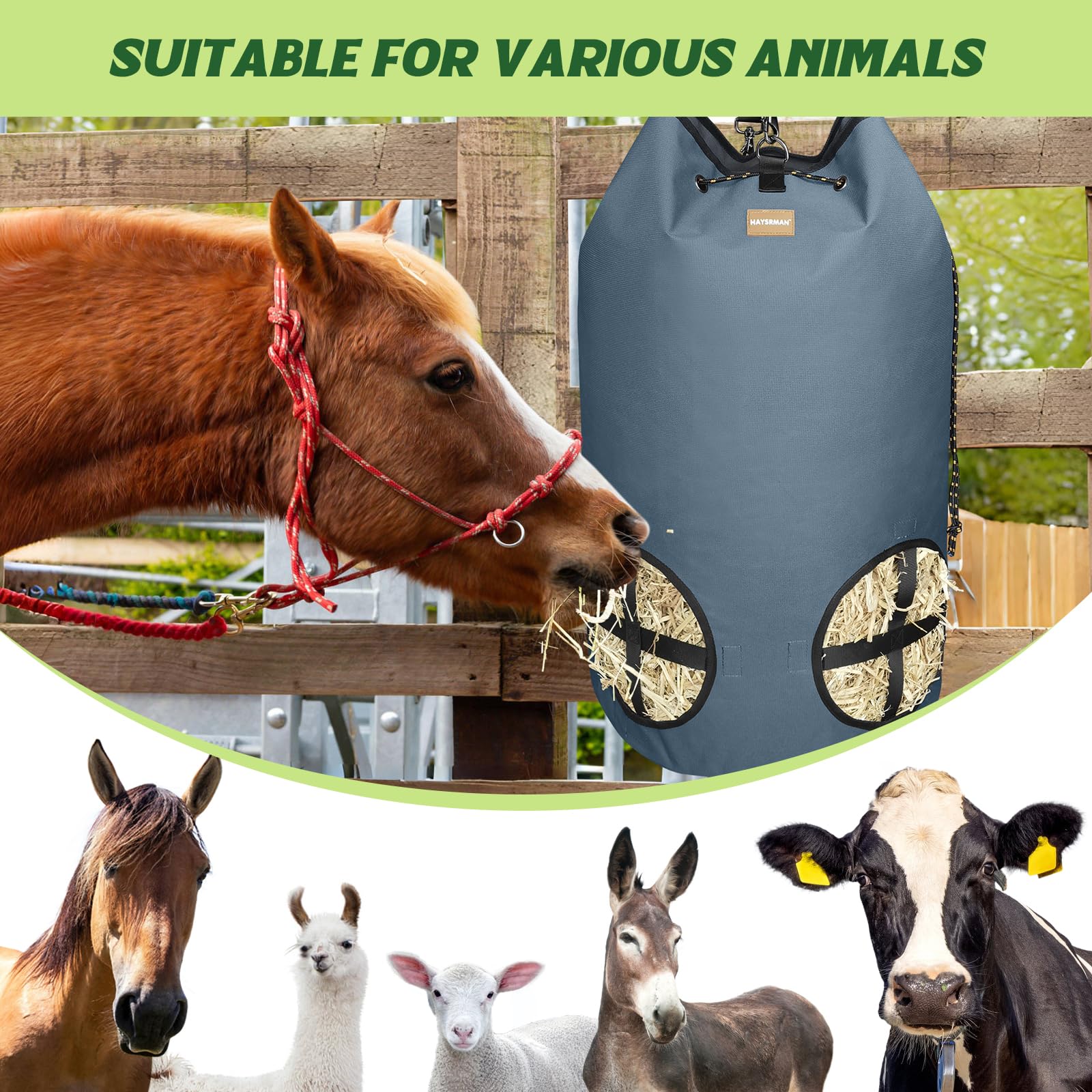 HAYSRMAN hay bag gray reinforced cross-stitch seams for lasting durability.