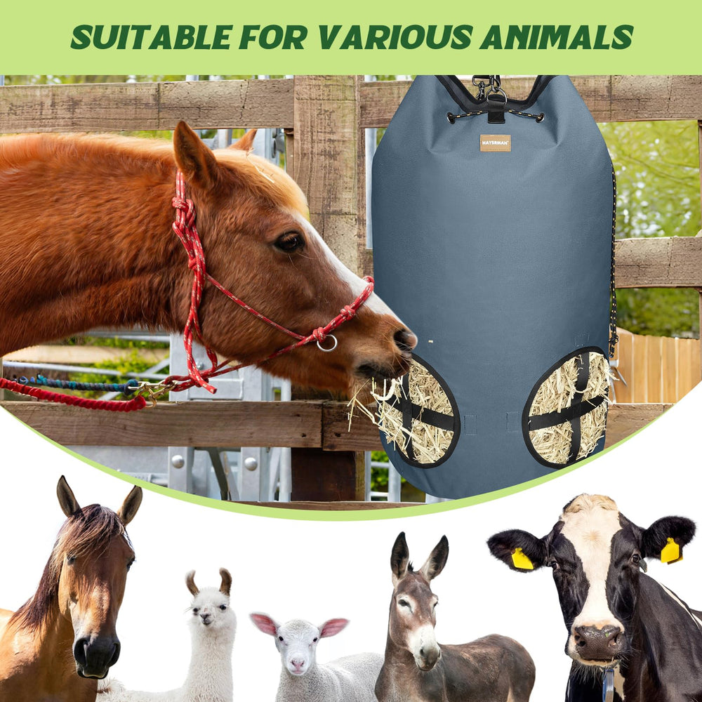 HAYSRMAN hay bag gray reinforced cross-stitch seams for lasting durability.