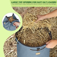 HAYSRMAN hay bag gray drawstring top demonstrates quick tightening to prevent spillage.