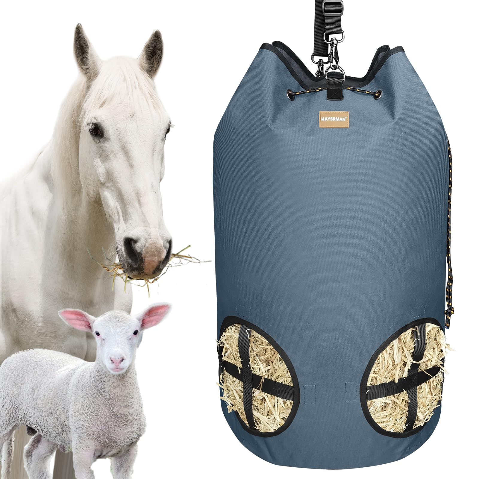 HAYSRMAN hay bag gray front view shows four-hole slow feeder for multiple animals.