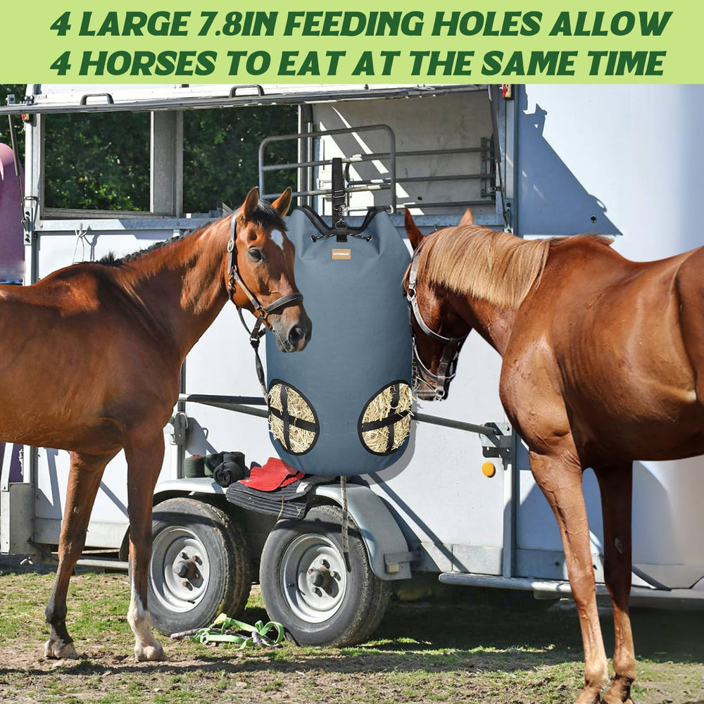 HAYSRMAN hay bag gray hanging strap ready for stall or trailer mounting.