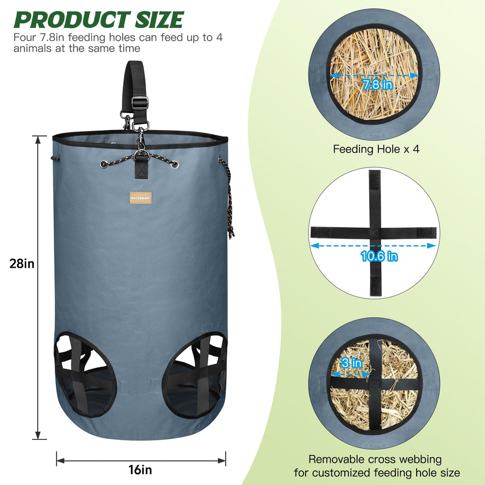 HAYSRMAN hay bag gray side view highlights adjustable top for easy filling.