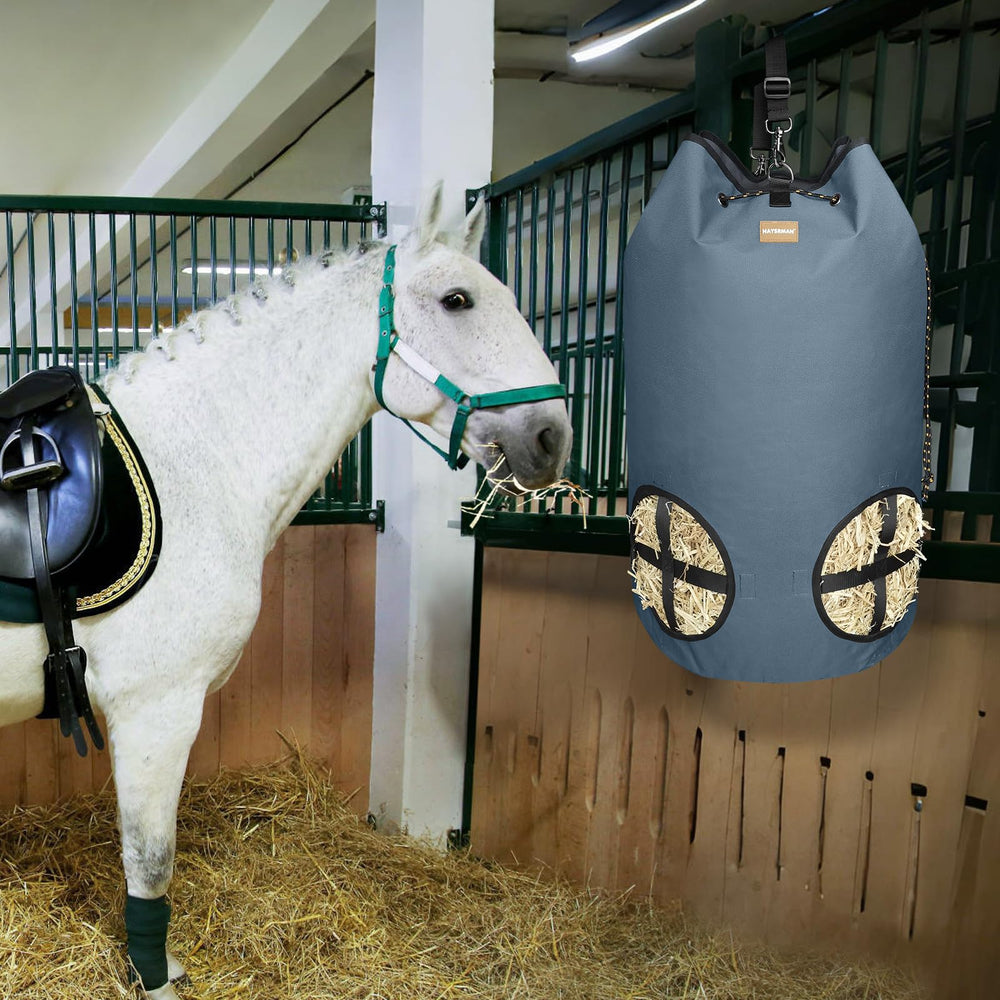 HAYSRMAN hay bag gray in stable/trailer use for neat hay management.