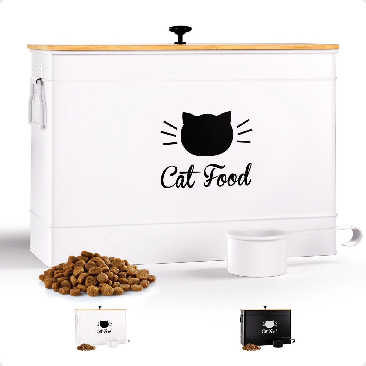 HB Design Co. cat food container with 15lb capacity stores kibble neatly on display