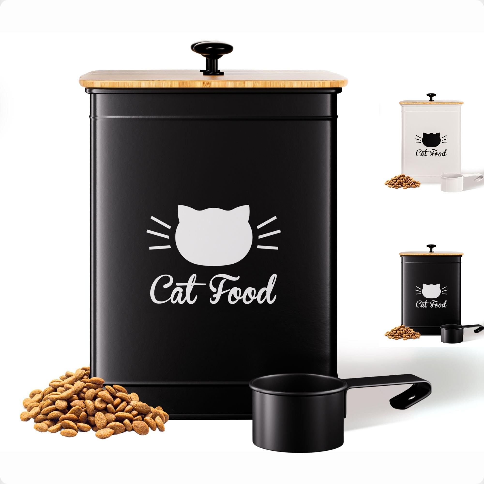 HB Design Co cat food container shows 25-cup capacity with a sleek matte black finish.