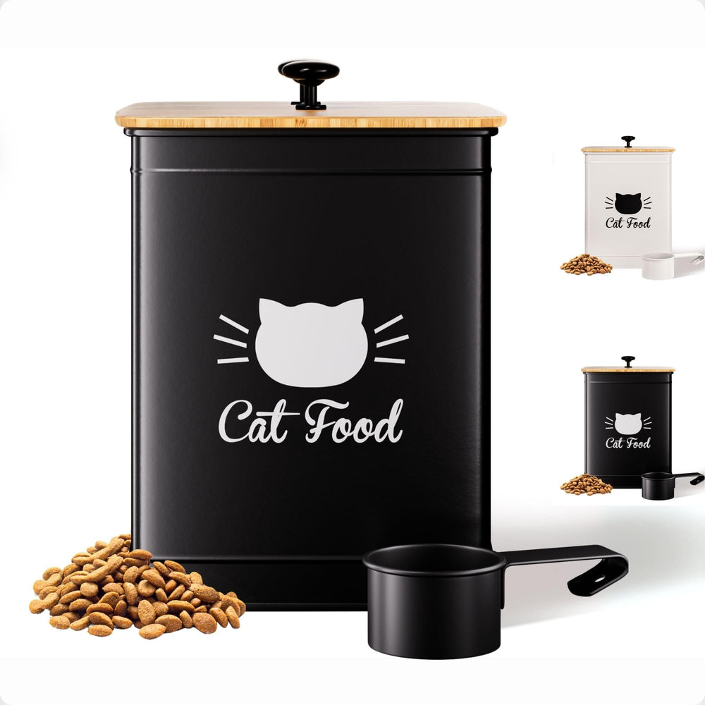 HB Design Co cat food container shows 25-cup capacity with a sleek matte black finish.