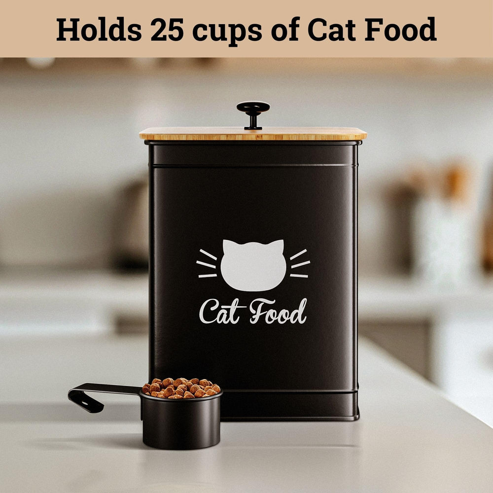 HB Design Co cat food container highlights easy-open lid and sturdy handle for scooping.