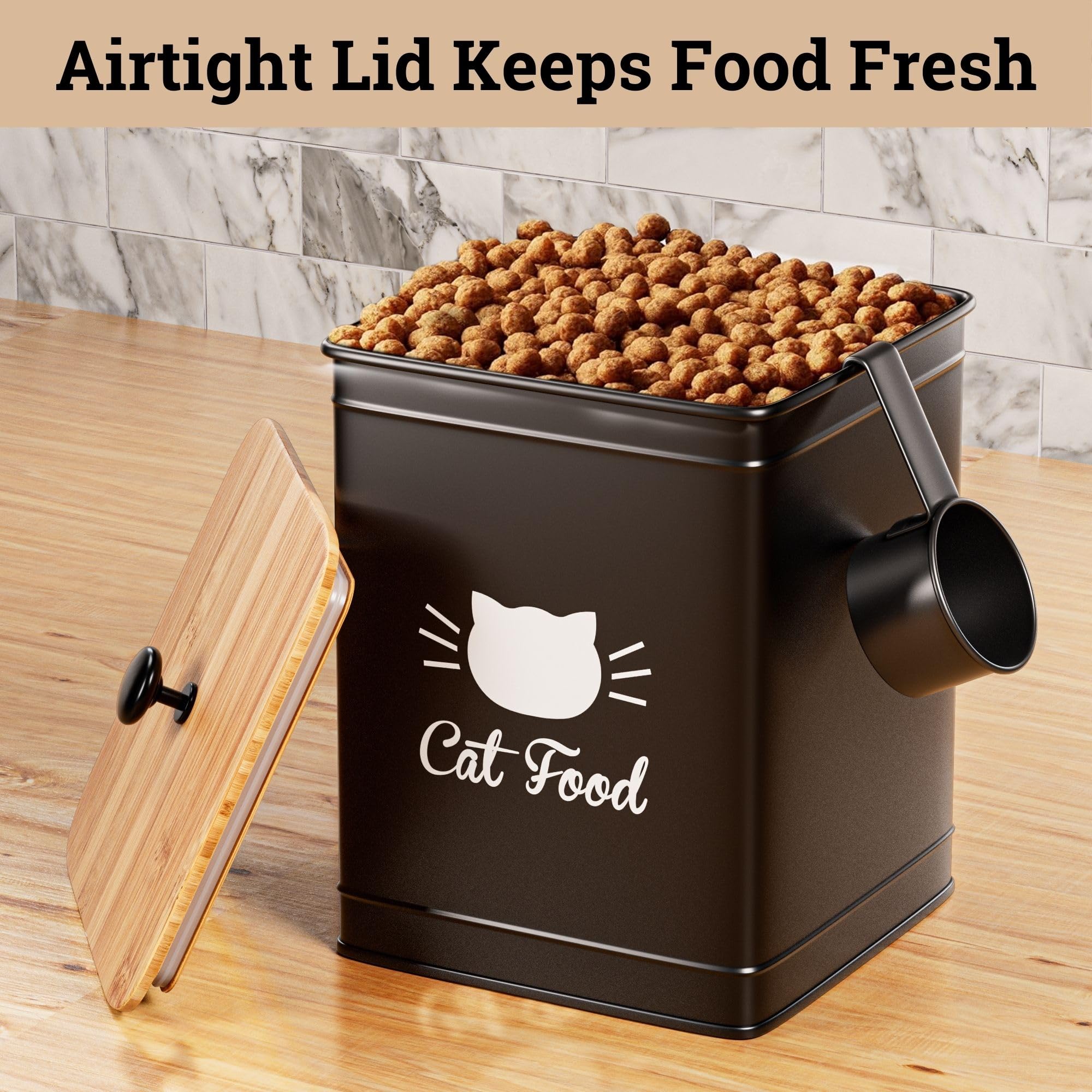HB Design Co cat food container includes a metal scoop for precise portions.