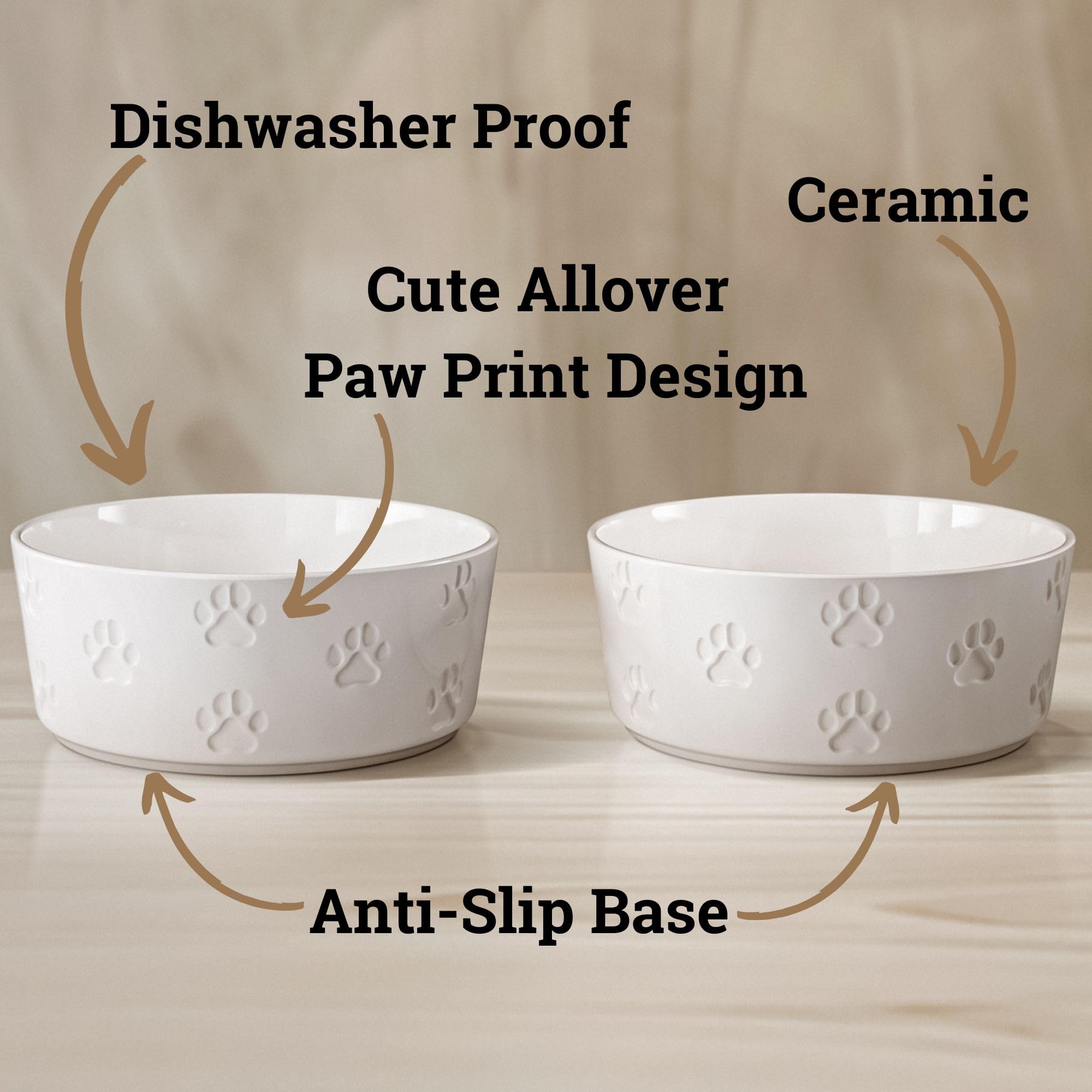 HB Design Co paw-imprinted ceramic bowls add decorative charm to feeding area