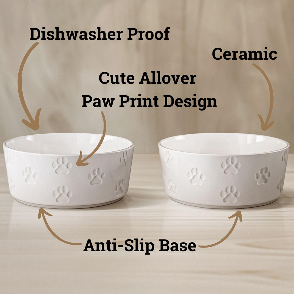 HB Design Co paw-imprinted ceramic bowls add decorative charm to feeding area