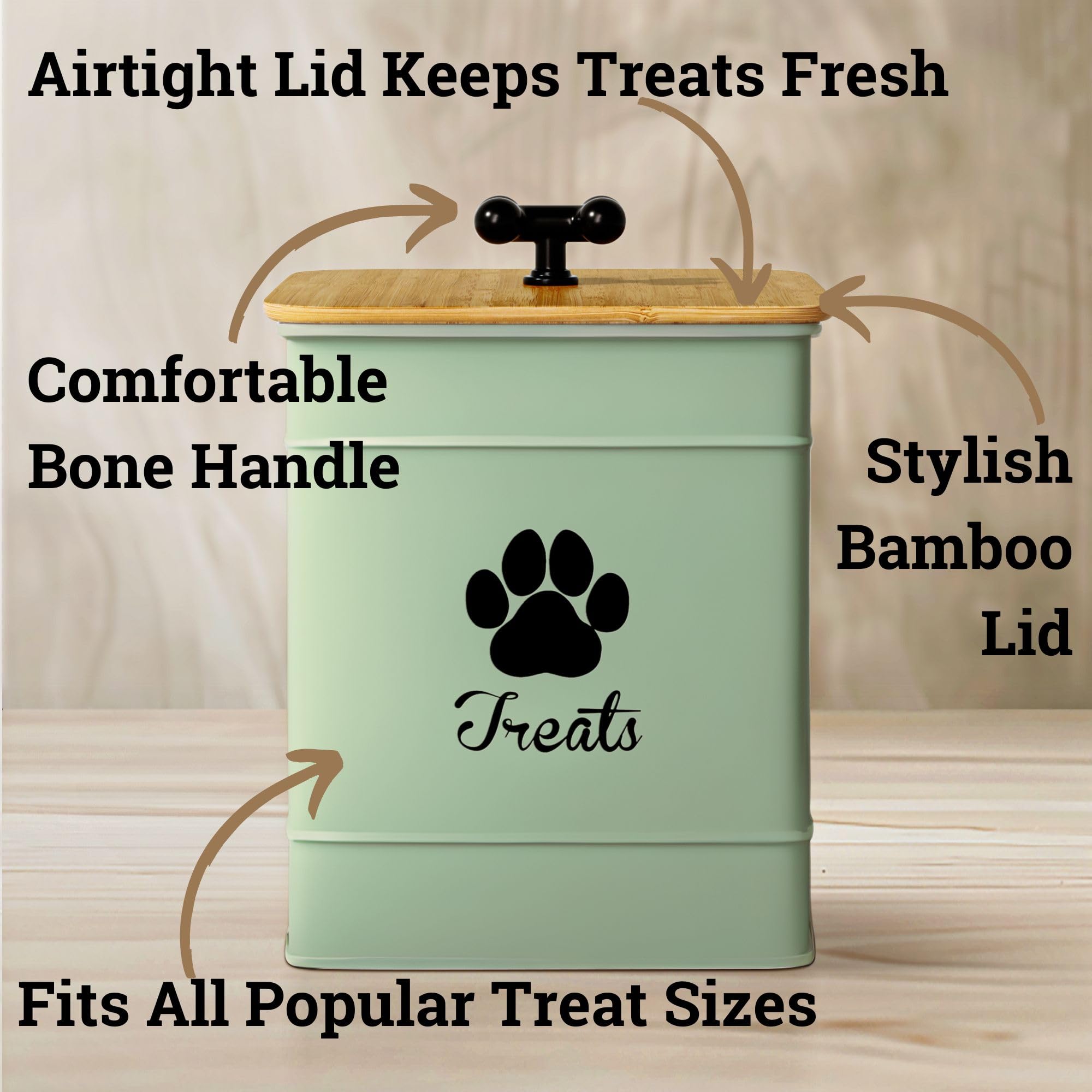 HB Design Co. sage-green iron dog cookie jar showcases stylish storage for pets.