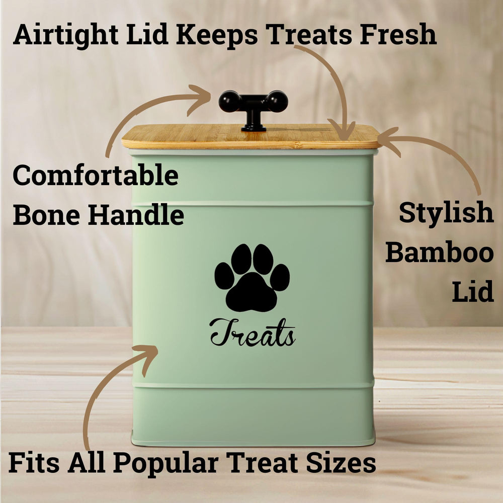HB Design Co. sage-green iron dog cookie jar showcases stylish storage for pets.