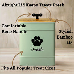 HB Design Co. sage-green iron dog cookie jar showcases stylish storage for pets.