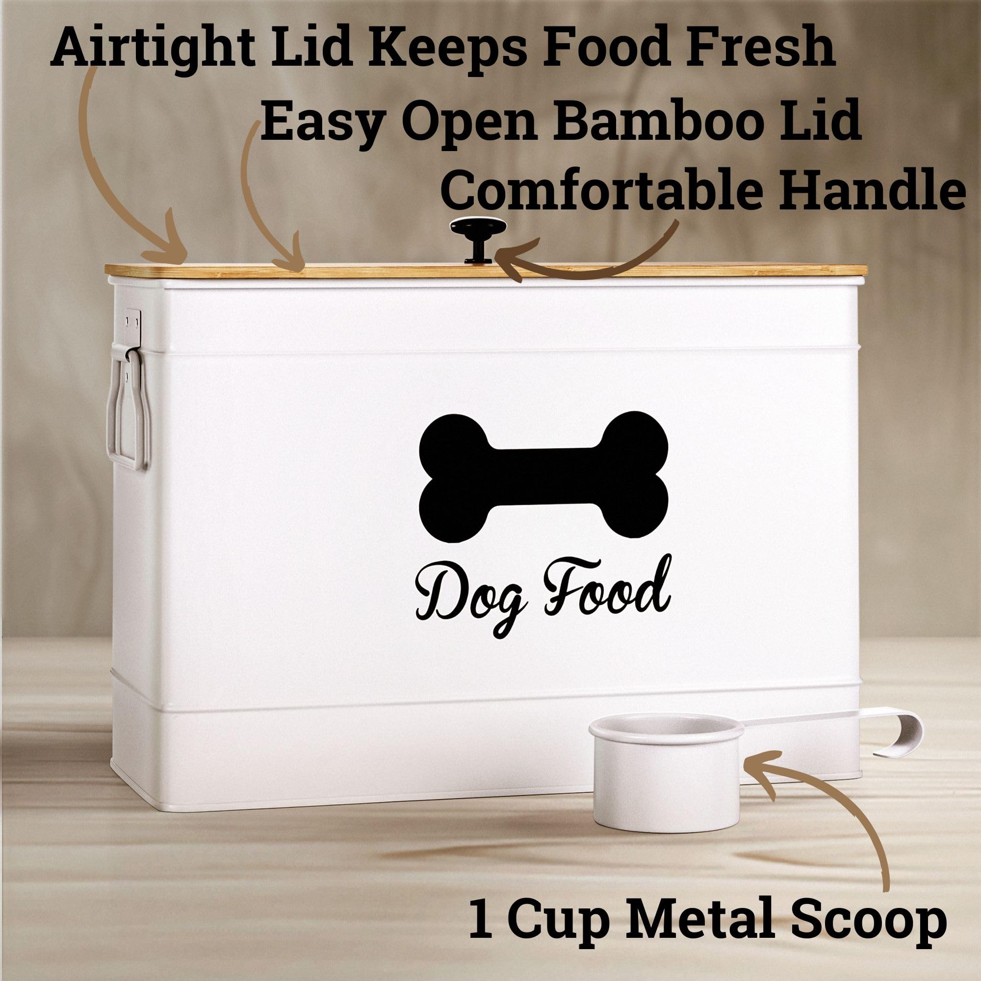 HB Design Co white metal kibble storage bin with bamboo lid for neat pantry organization.
