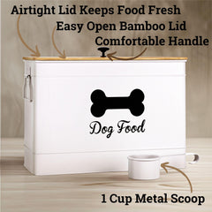 HB Design Co white metal kibble storage bin with bamboo lid for neat pantry organization.