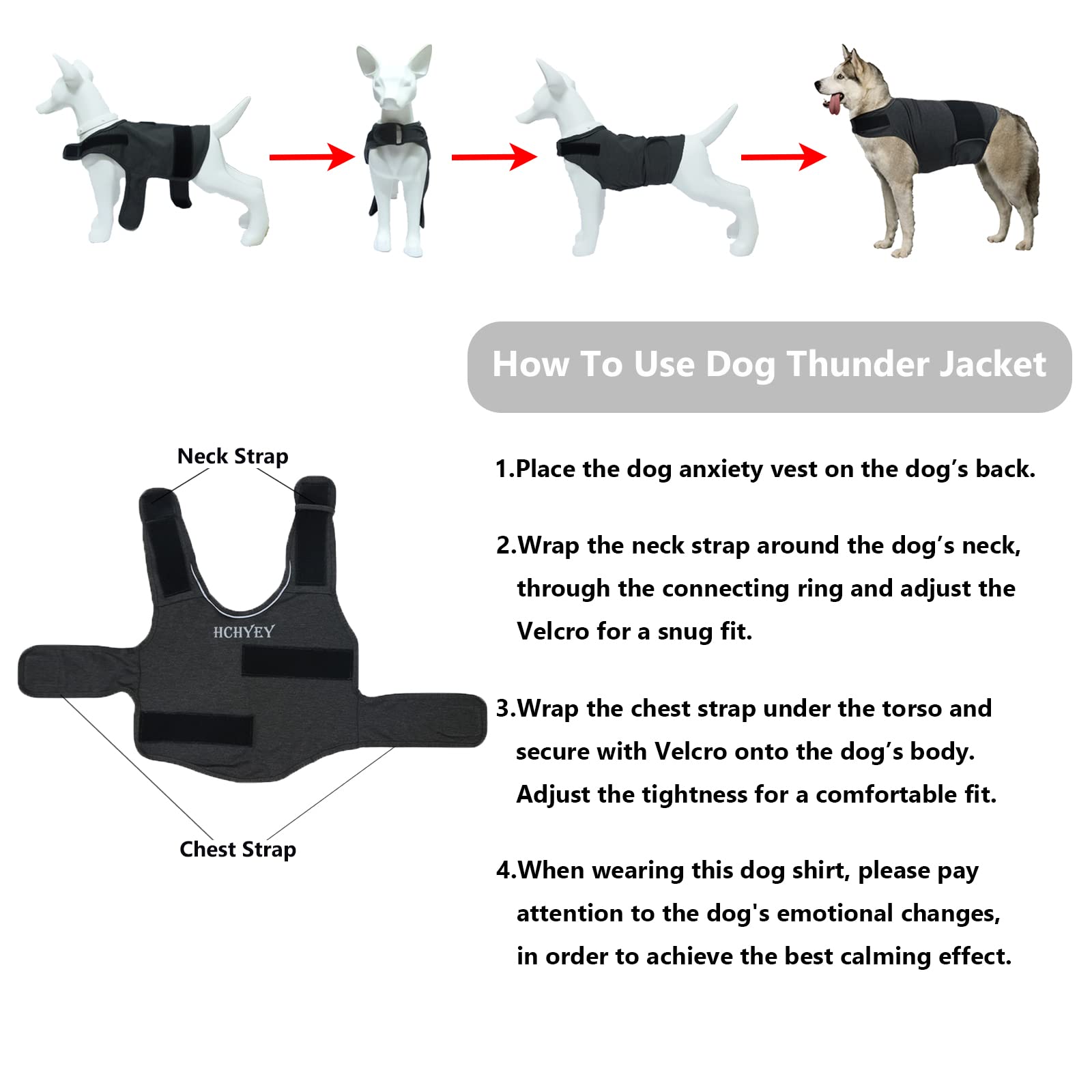 HCHHEY dog anxiety jacket back with reflective stripe for night visibility.
