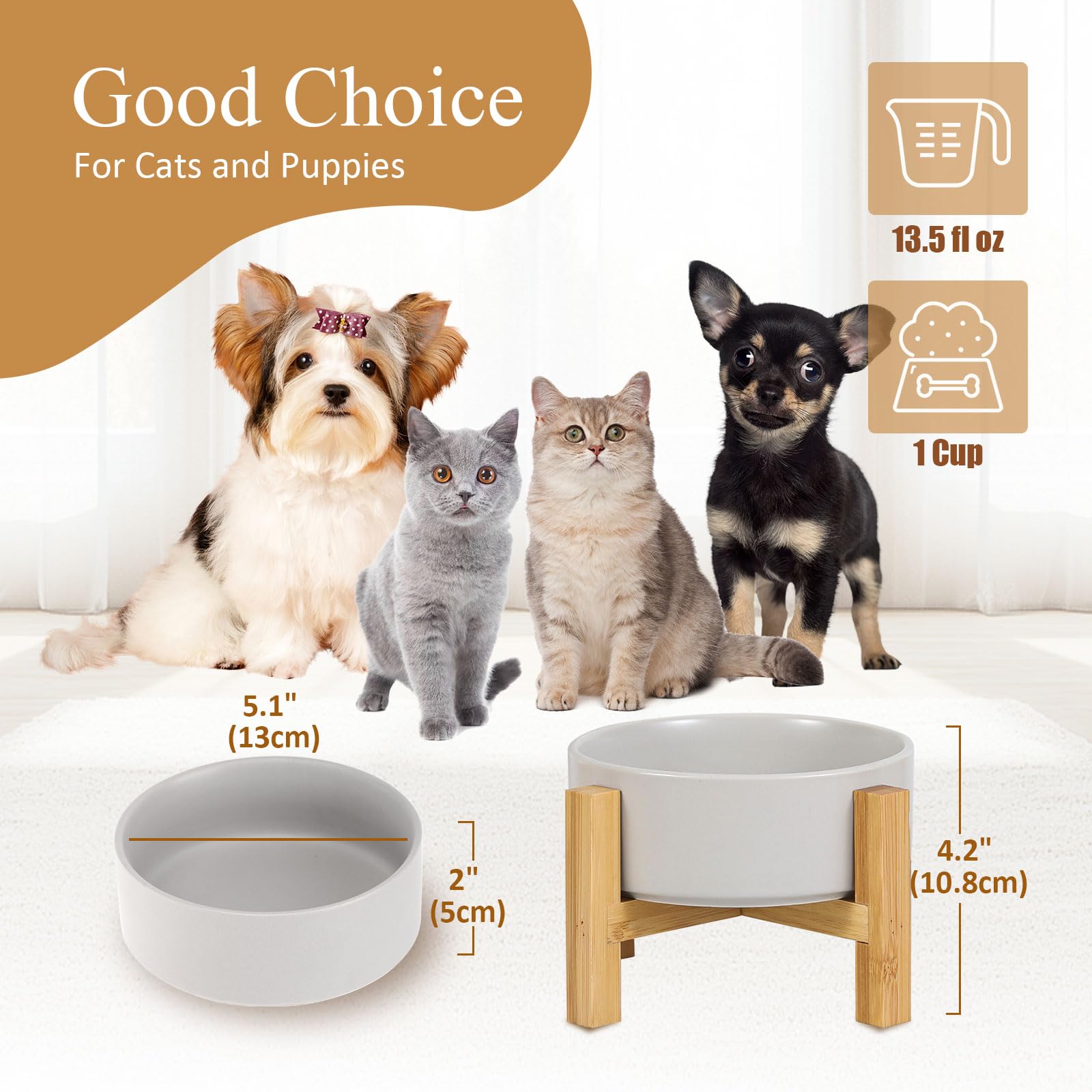 HCHLQLZ bamboo stand with two height options supports growing cats and small dogs.